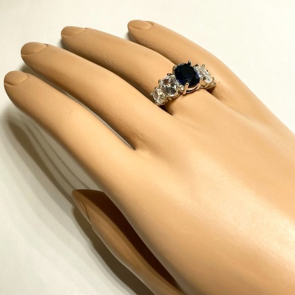 Silver Sapphire Blue Cubic Zirconia Anniversary Ring Size 7 Plated Simulated - Picture 3 of 11